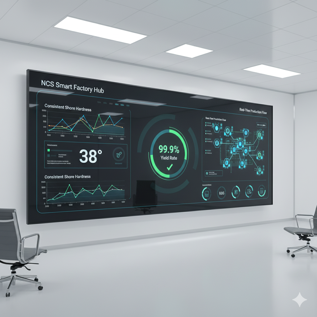 A high-tech digital manufacturing dashboard displayed on a large sleek screen in a clean industrial control room. The screen shows real-time analytics for footwear production: colorful line charts showing consistent Shore Hardness (38°), a circular gauge showing a 99.9% yield rate, and a digital map of the factory floor with glowing status icons. The style is futuristic, professional, and data-centric.