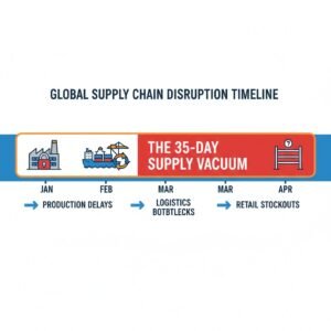 A professional supply chain timeline infographic. A horizontal bar representing January to April. A large red-shaded area labeled "The 35-Day Supply Vacuum" spanning from late January to early March. Icons of a locked factory, a congested port, and an empty retail shelf. Minimalist business style, clean vector lines, using warning orange and corporate blue.