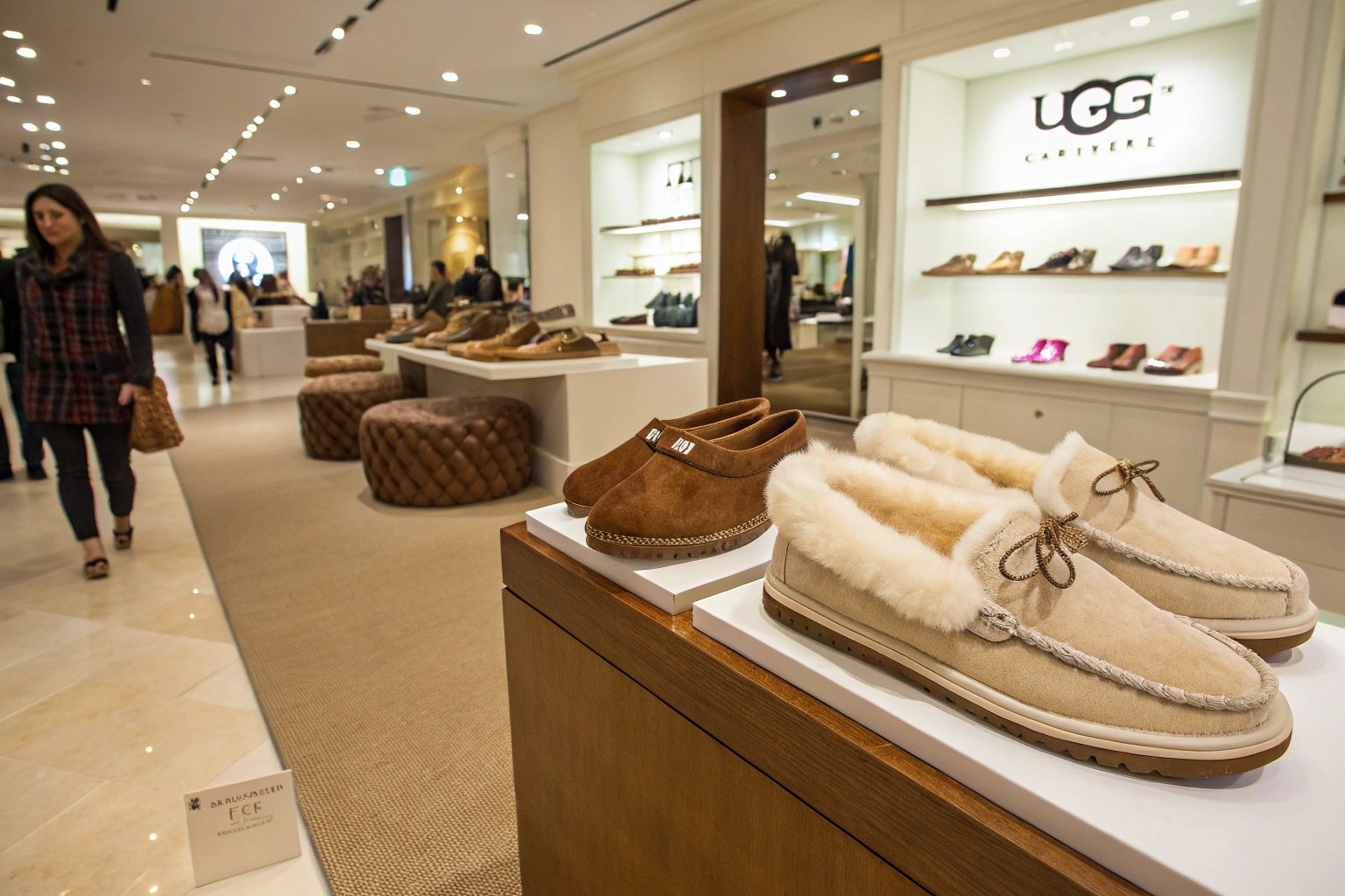 Person wearing a plush robe and beige fur-lined slippers, leaning on a sofa under warm lighting, with fairy lights and a fireplace in the background.