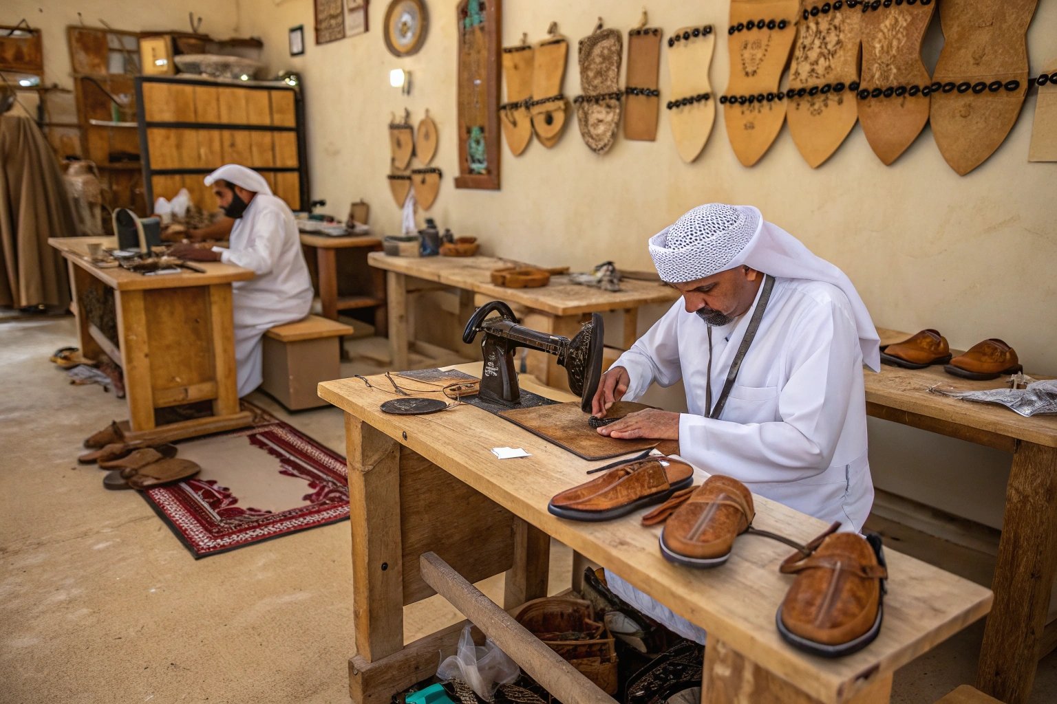 A traditional Emirati leather workshop where artisans are crafting handcrafted slippers using high-quality leather. The setting is authentic, featuring wooden workbenches, sewing tools, and handcrafted leather sandals in various stages of production. The image highlights craftsmanship and cultural heritage, with a warm, earthy color palette."