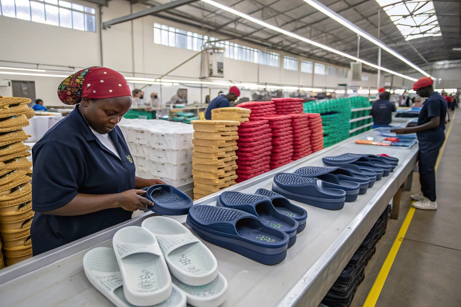 A large-scale plastic footwear manufacturing plant in South Africa, specializing in PVC and EVA slippers. The production line is in action, with workers assembling and inspecting slippers in bulk. The setting is bright and industrial, with stacks of packaged slippers ready for shipment. The image highlights affordability and large-scale production