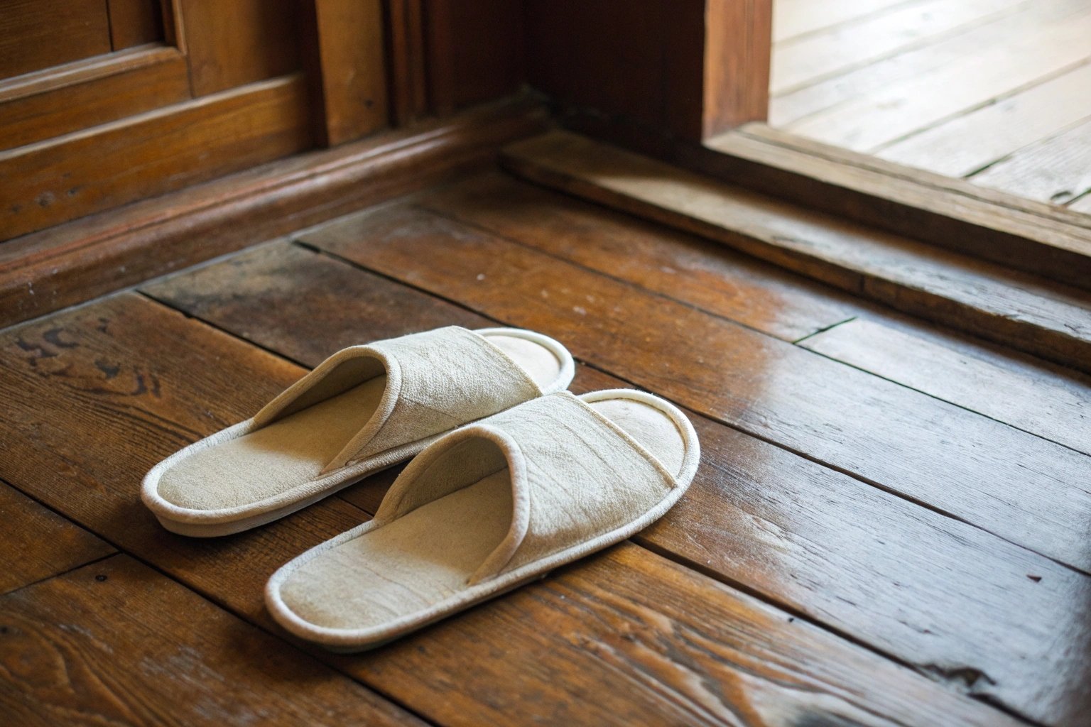 A pair of traditional 'list slippers' resting on a vintage wooden floor. The slippers are lightweight, with a thin sole, made of soft fabric, and have a simple design. The atmosphere is warm and nostalgic, reminiscent of classic European or Asian households.",
"size": "1024x1024"