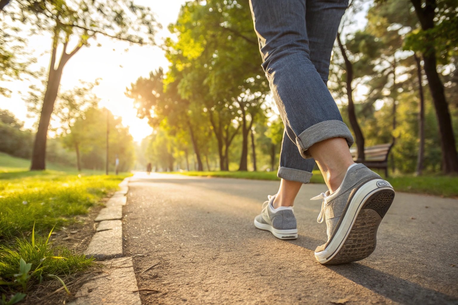 A person walking on a sunny park path wearing lightweight canvas sneakers, surrounded by green trees and warm golden sunlight. Focus on the shoes, showing breathability and casual summer style. Outfit includes rolled-up jeans or shorts, relaxed and outdoorsy atmosphere."