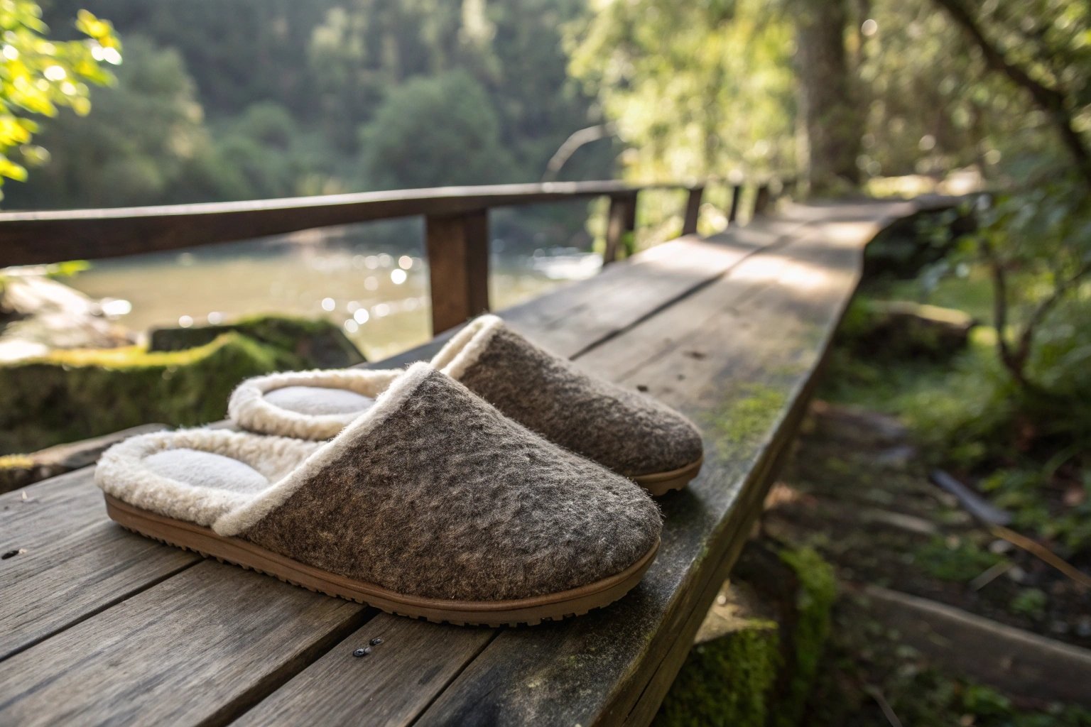 A pair of eco-friendly wool slippers resting on a rustic wooden bench, surrounded by nature. The slippers have a textured wool exterior and a soft interior lining. The background features greenery and natural elements, emphasizing sustainability and comfort. Warm natural lighting, photorealistic details, soft depth of field.