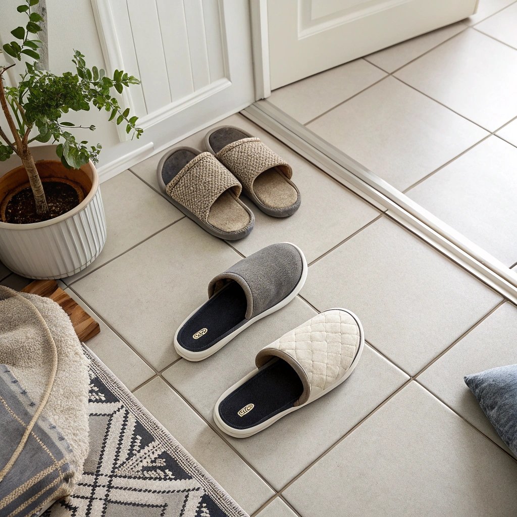 Rohde house slippers placed on a tiled hallway floor with a simple and practical design"