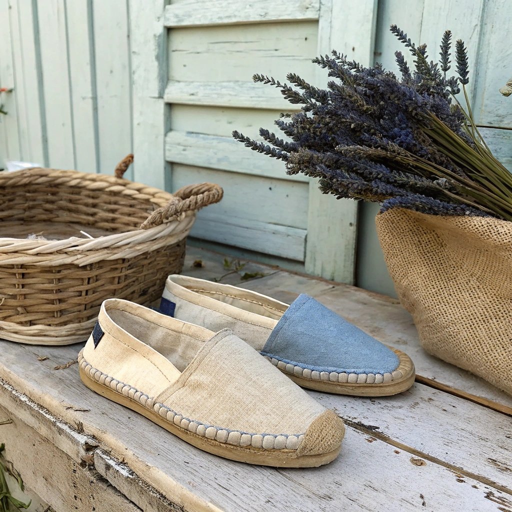 Traditional French espadrilles displayed on rustic wood, highlighting natural craftsmanship and casual comfort