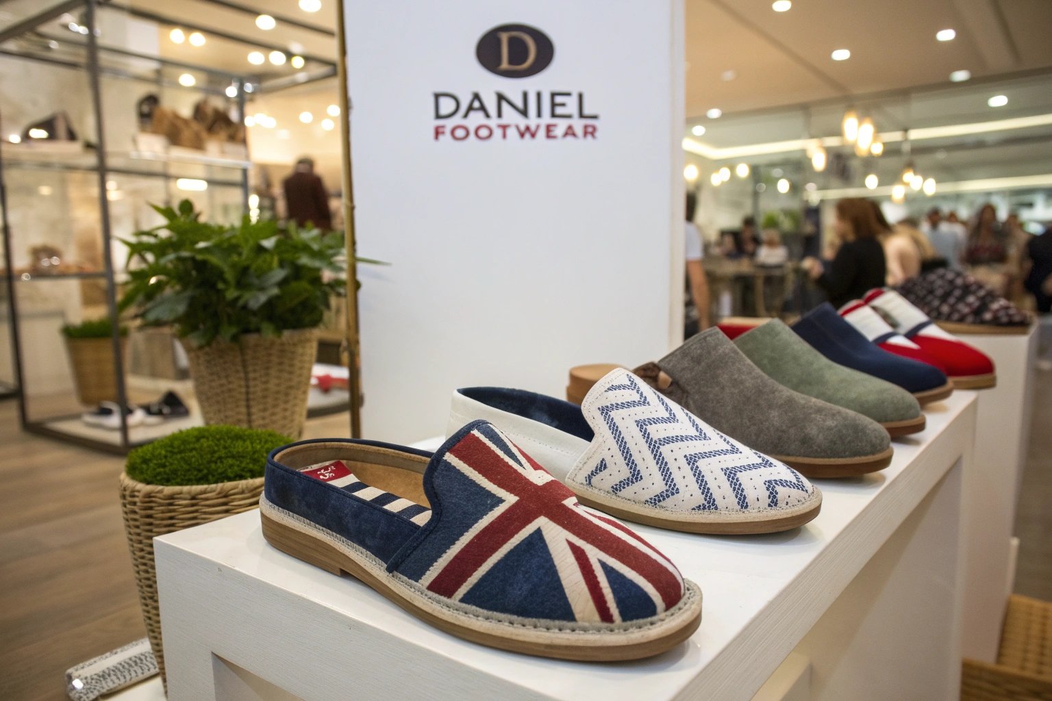 A boutique display of modern Daniel Footwear slippers arranged neatly under soft lighting. Both men’s and women’s styles are visible, reflecting fashionable yet accessible British footwear.