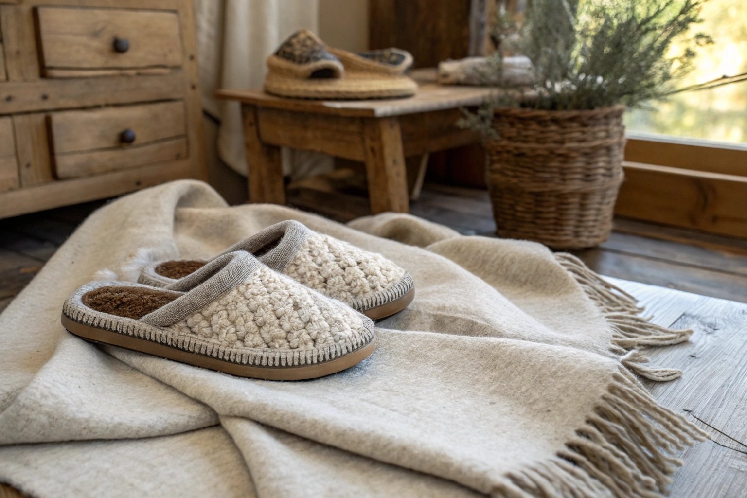 A pair of wool slippers from Etnnic rests on a natural linen fabric, reflecting eco-friendly materials and artisanal craftsmanship in a rustic Belgian setting.