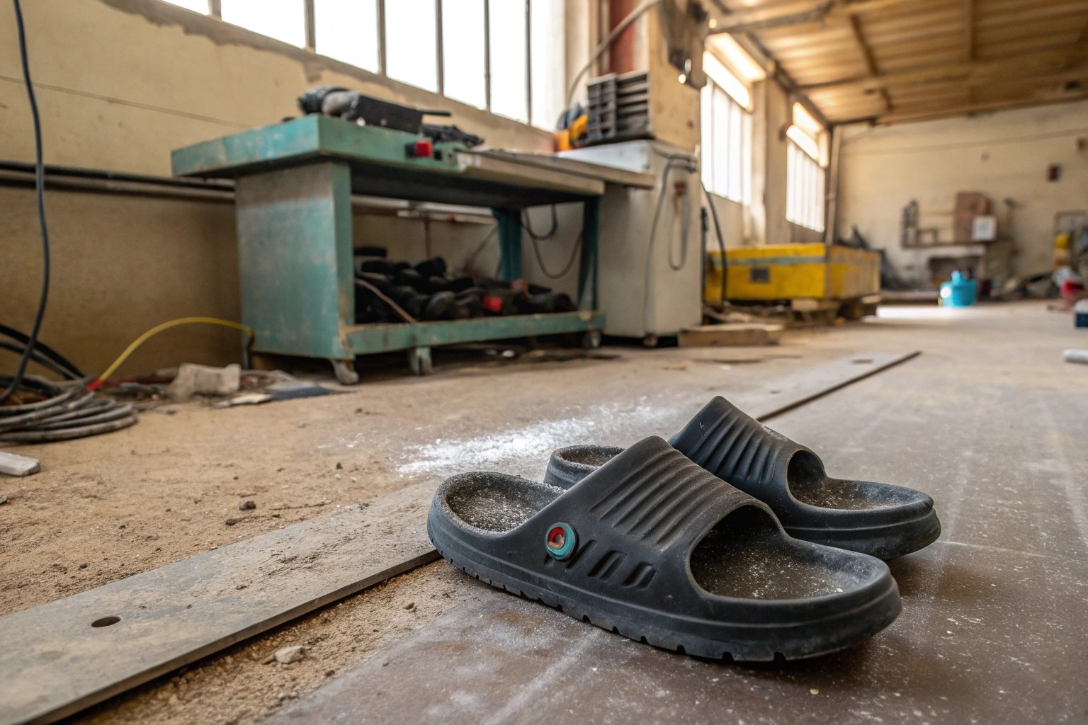 Sturdy Sorel Algérie plastic slippers shown in a workshop setting, showcasing their practical and durable design for everyday or labor use.