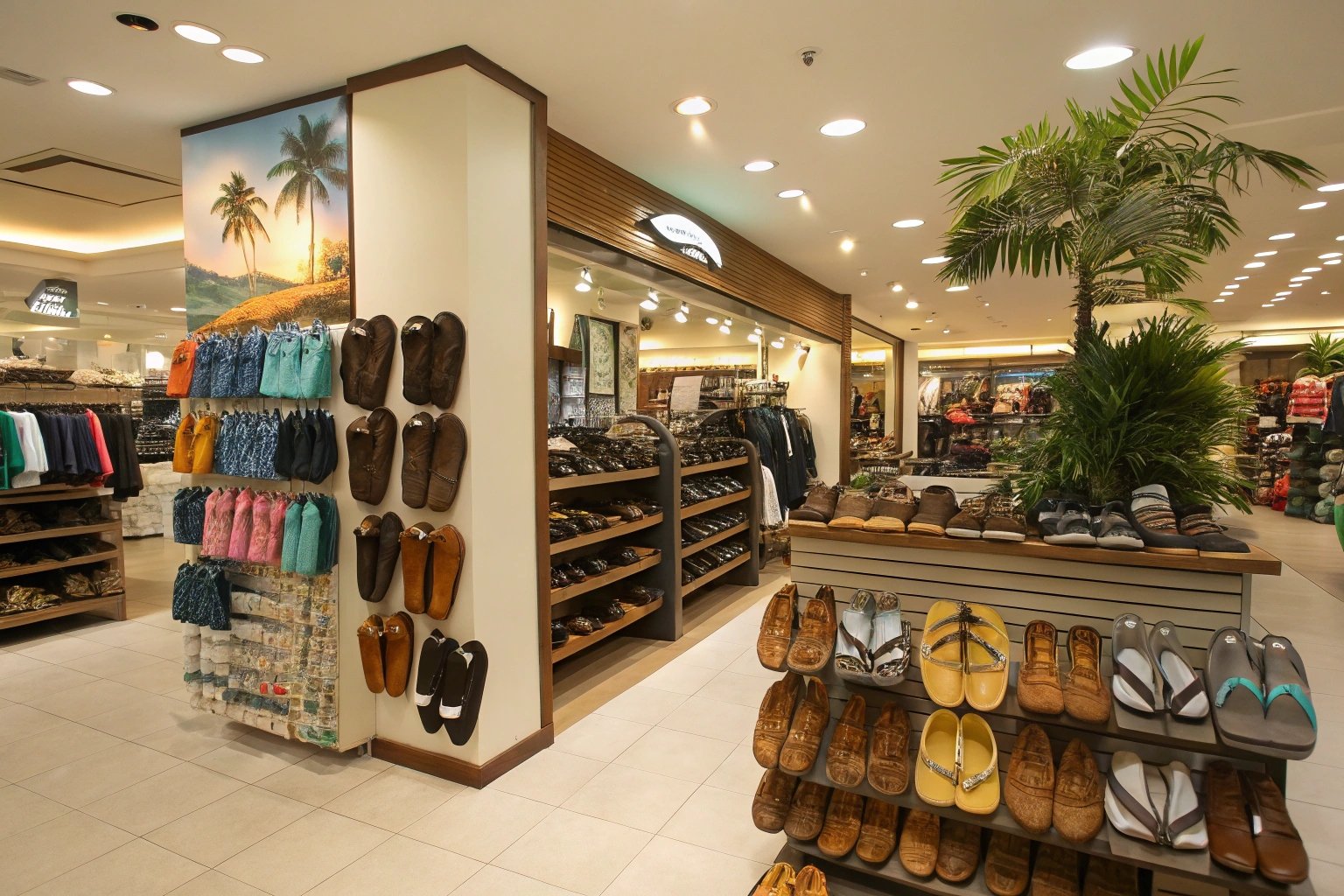 Footwear section inside a large Fijian department store featuring a range of slippers and sandals, set against a clean, well-organized retail backdrop."
