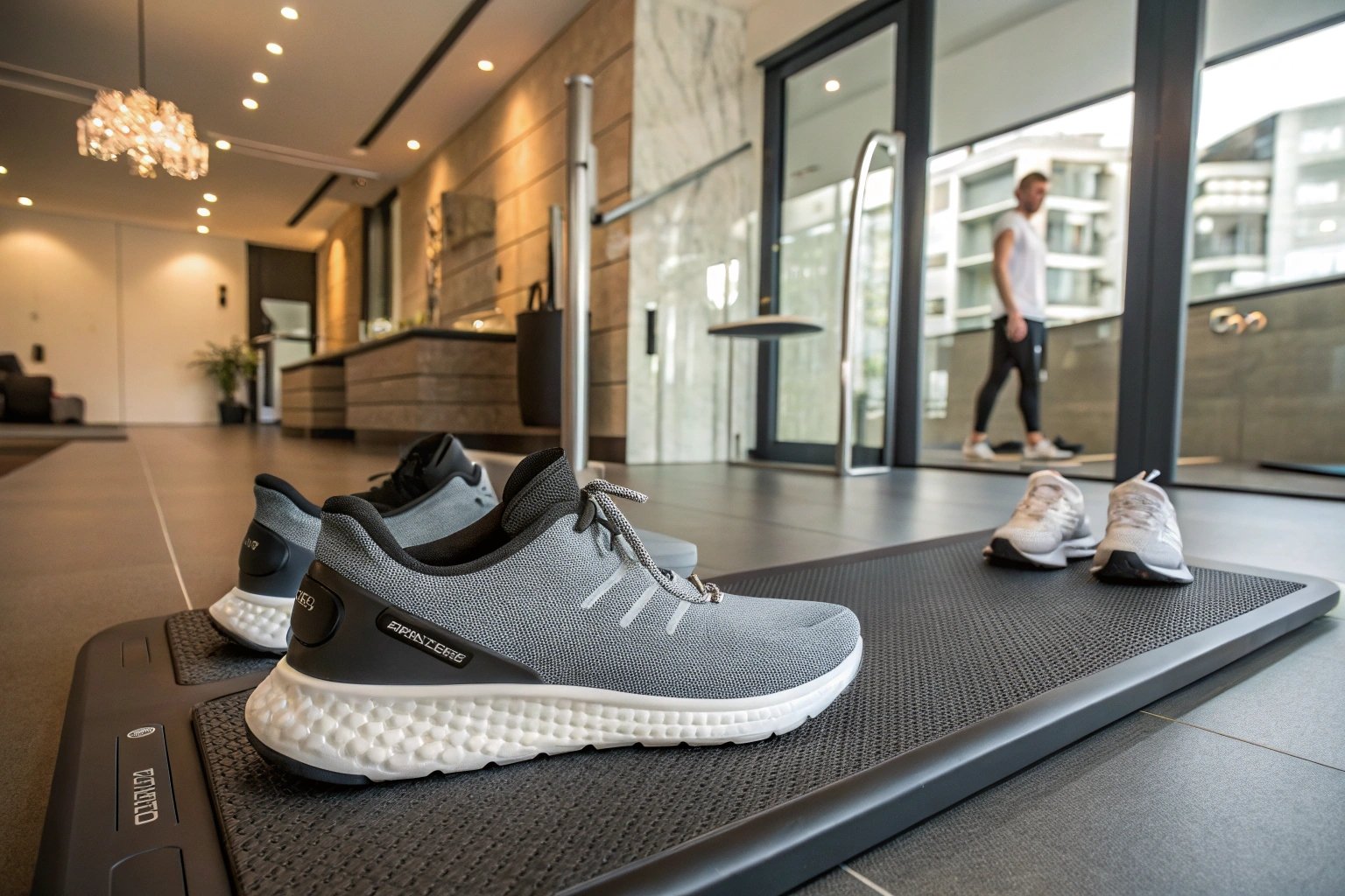 "Air-cushioned shoes on a kybun mat in a wellness room, highlighting Swiss innovation in indoor comfort and health support."