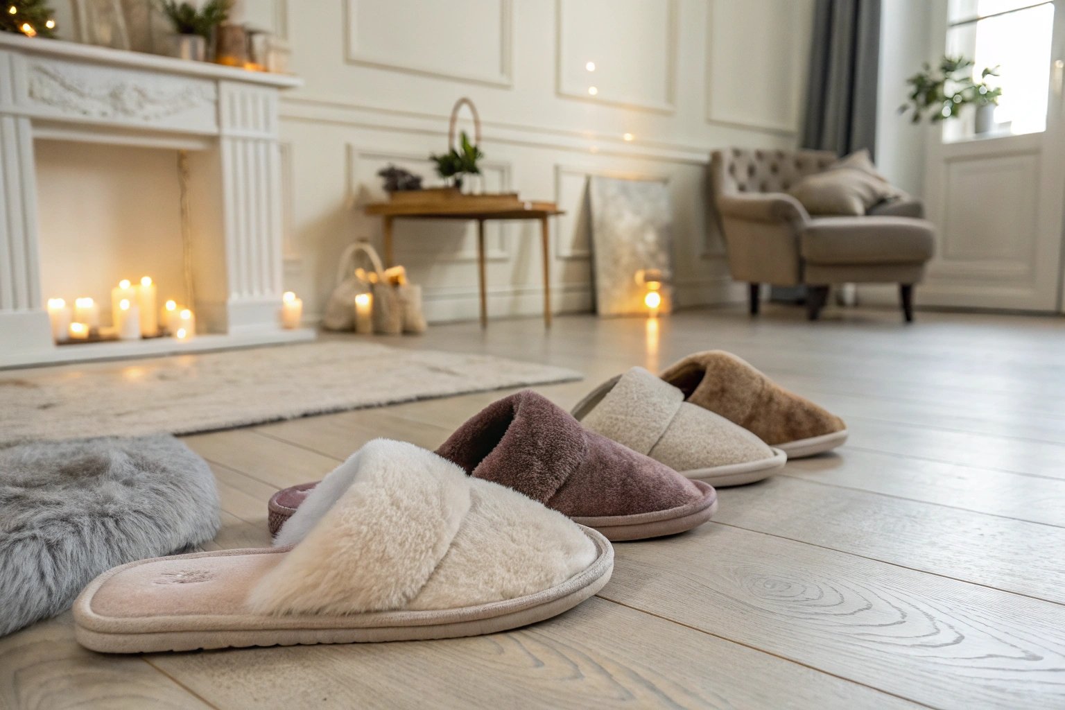 "Comfortable and affordable slippers from Rohde arranged in a Danish-style living room, popular among Danish consumers."