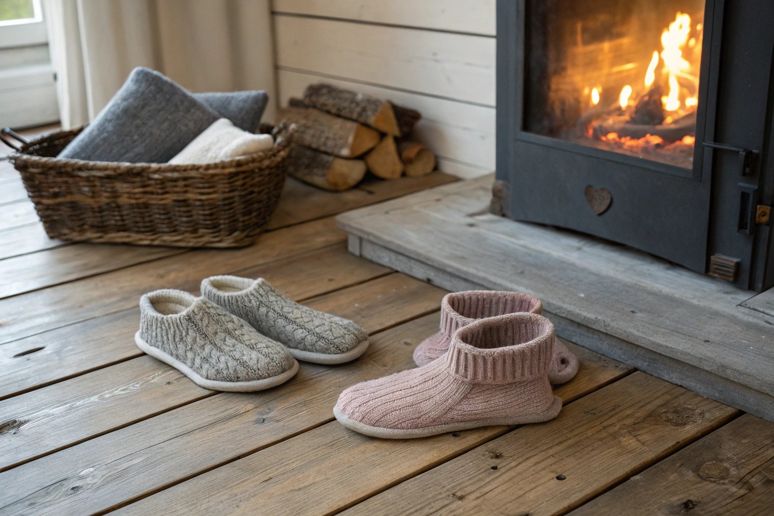 Muted-toned slipper socks with soft soles lying on a rustic floor near a fireplace, showcasing cozy Finnish homewear found in department stores like Stockmann.