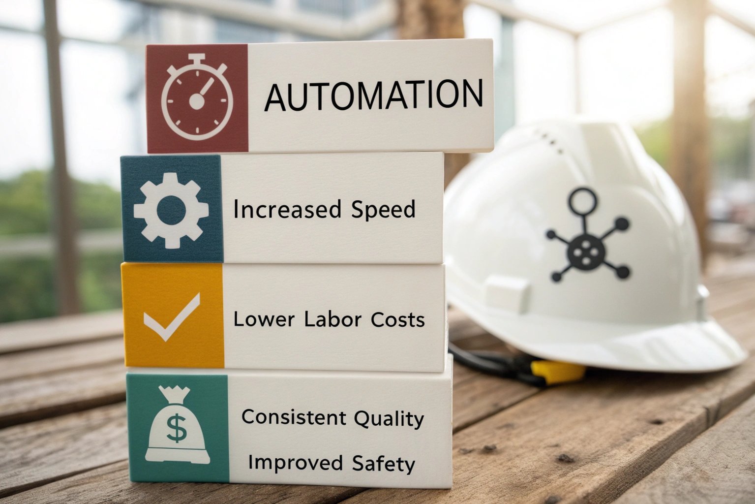 "Infographic showing benefits of automating plastic slipper production: speed, cost savings, quality, and safety."