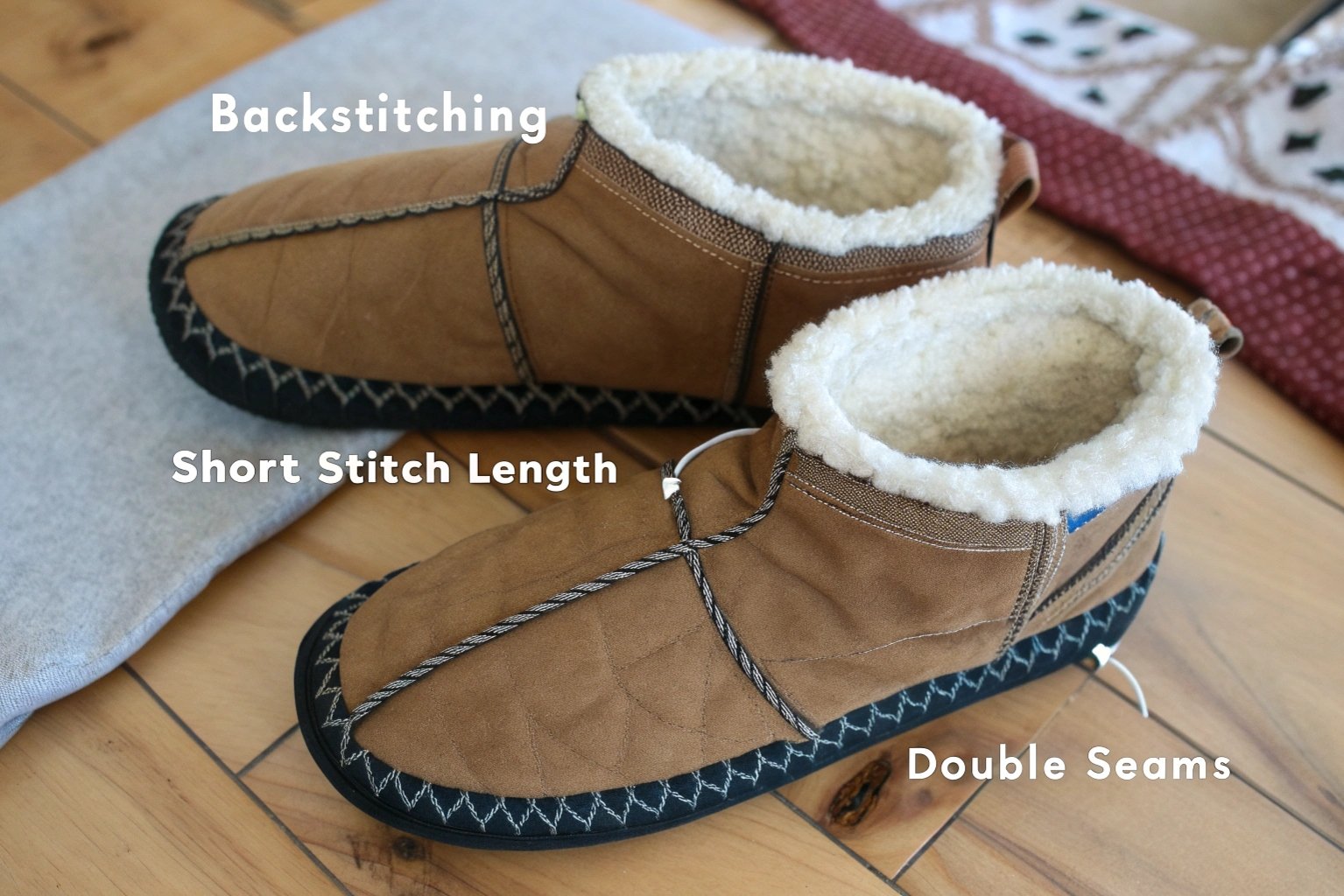  Illustration of durable sewing techniques on winter slippers, showing backstitching, short stitch length, and reinforced seams.