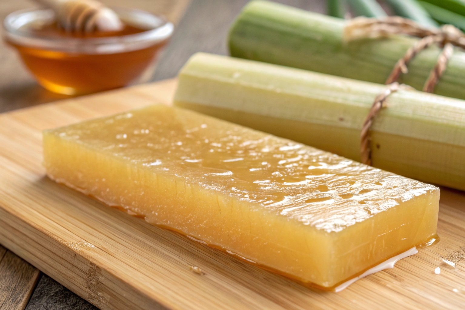 A close-up of eco-friendly hot melt glue, with a natural, bio-based composition, highlighting renewable ingredients.