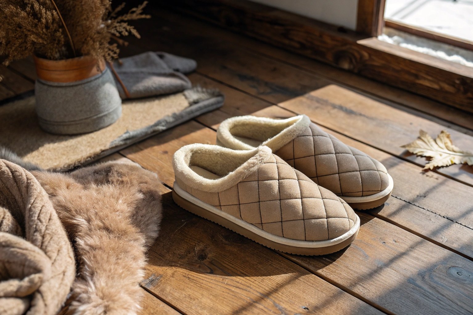 Modern winter slippers with a square toe shape, designed for wider feet and stylish appearance.