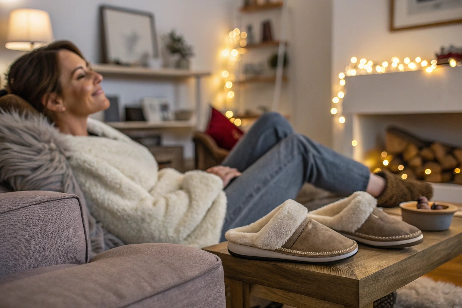 UGG, Birkenstock, L.L.Bean slippers ad, with sheepskin lining and suede, set against a luxurious floral pattern.