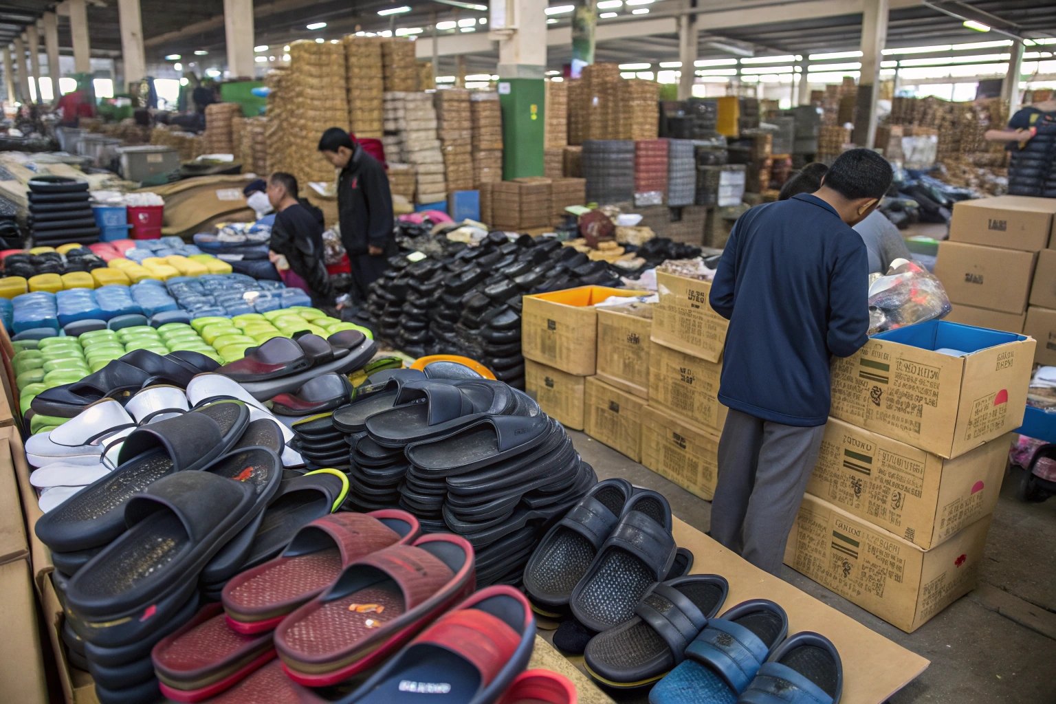 A large warehouse or wholesale market filled with stacks of imported slippers from China, India, and Vietnam. Various styles, including plastic, fabric, and leather slippers, are displayed in bulk. Buyers and sellers are engaged in discussions, negotiating deals. The environment is bustling, with crates and packaging boxes scattered around, highlighting the scale of distribution."
