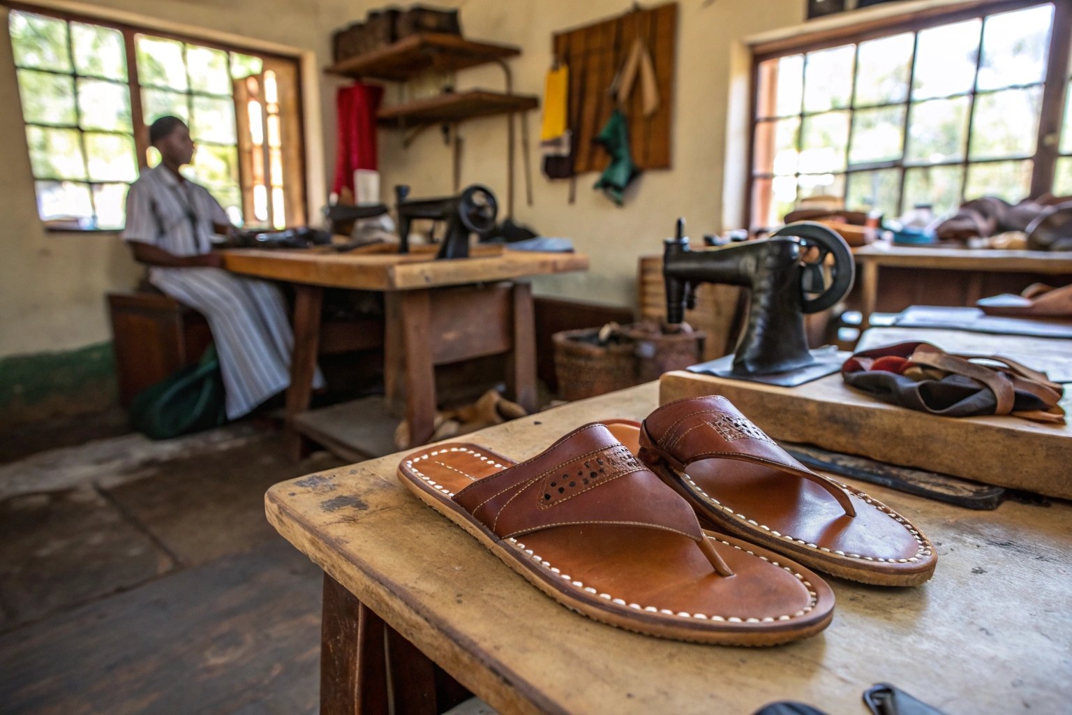 A small traditional workshop in South Africa where skilled artisans handcraft leather slippers and sandals. The workshop has a rustic, handmade aesthetic, with leather materials, sewing tools, and partially completed slippers visible on wooden tables. The scene conveys authenticity, craftsmanship, and cultural heritage.".