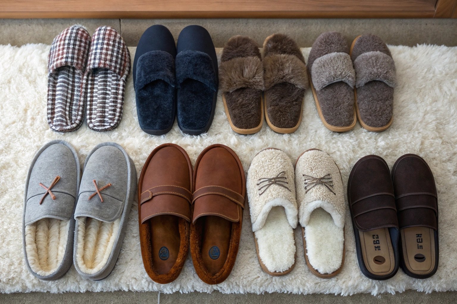 An organized collection of house slippers displayed on a soft, plush rug. The selection includes moccasins, closed-back slippers, open-back slippers, bootie slippers, and slipper socks. Each slipper has a distinct color and texture, representing different styles and materials.",
"size": "1024x1024"
}