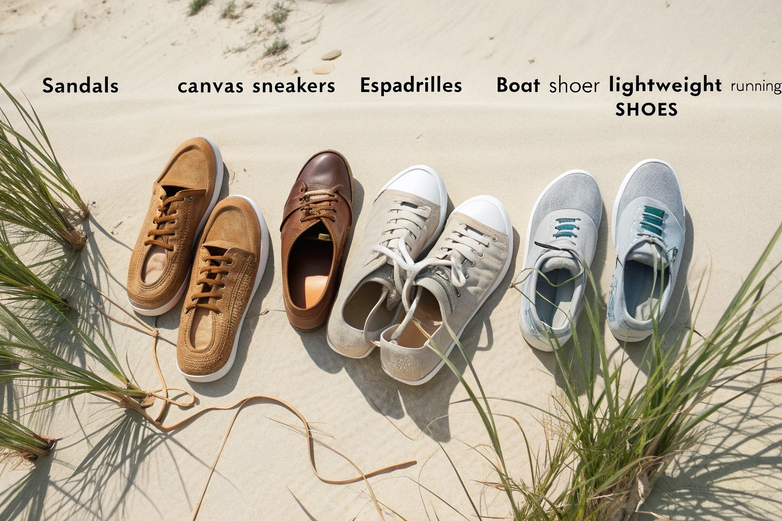 a"A lineup of popular summer shoes on a sandy or grassy background: sandals, canvas sneakers, espadrilles, boat shoes, and lightweight running shoes. Clean top-down view, labeled or visually distinct. Bright lighting, summer travel and versatility vibe. Footwear is arranged aesthetically for comparison.