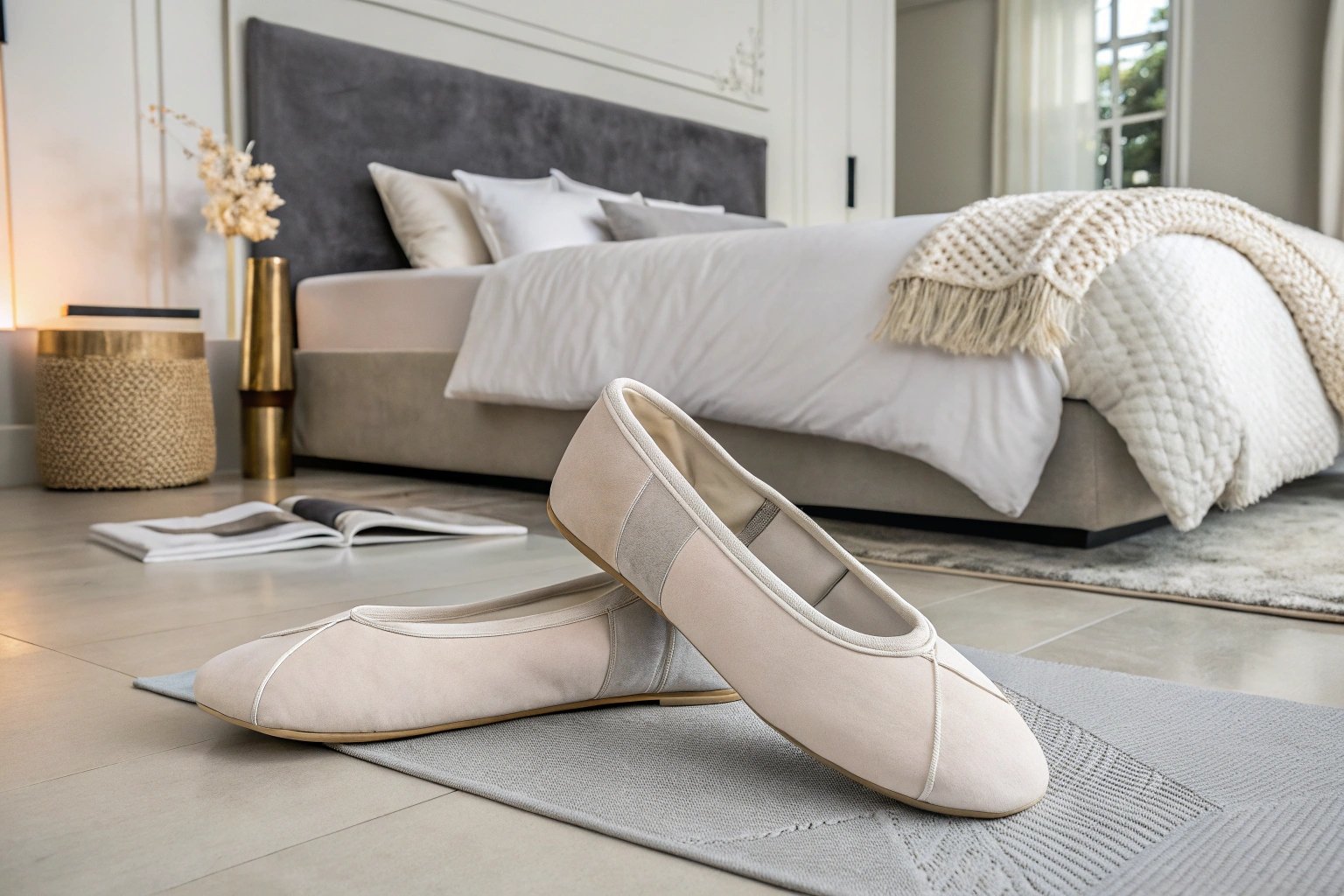 A pair of sleek and modern ballet-style memory foam slippers, positioned on a stylish bedroom floor with a contemporary design. The slippers have a lightweight, breathable fabric and a subtle ergonomic curve for comfort. Soft, neutral tones, minimalistic aesthetics, sharp details, professional product photography.
