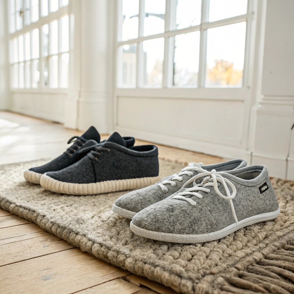 Giesswein wool shoes and slippers arranged on a wool rug, showcasing eco-friendly and innovative design"