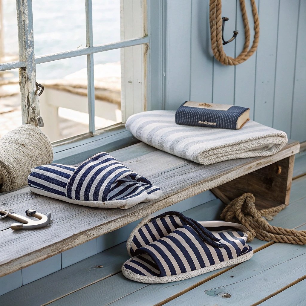 Nautical-themed Armor-Lux cotton slippers positioned near a striped blanket, evoking a French coastal vibe