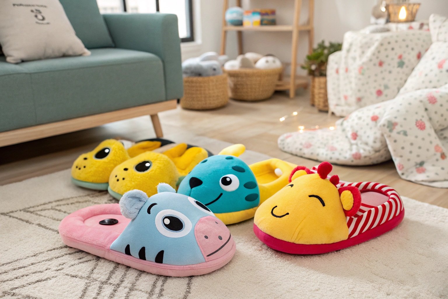 A colorful lineup of novelty slippers from SlumberzzZ with playful animal designs, displayed in a lively family living room. The image highlights their whimsical, affordable, and fun appeal.