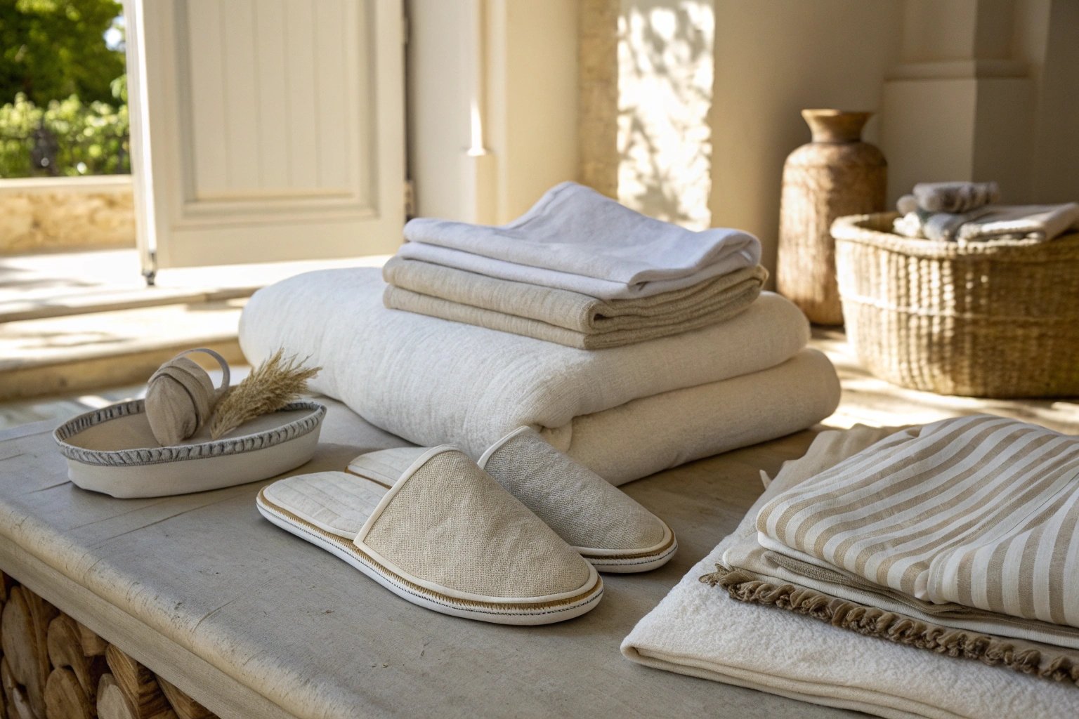 Linen slippers coordinated with a Belgian linen bedding set, emphasizing natural materials, craftsmanship, and subtle luxury in a tranquil bedroom setting.