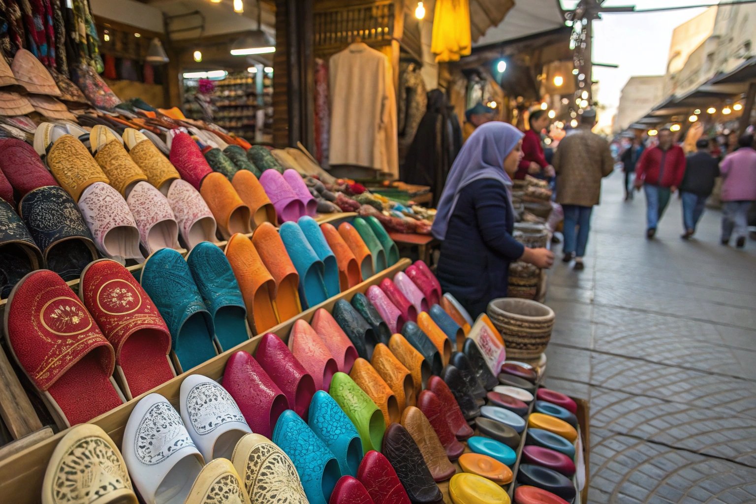 A vibrant market display of imported slippers in Algeria, with rows of colorful Turkish and Chinese styles appealing to a range of shoppers.