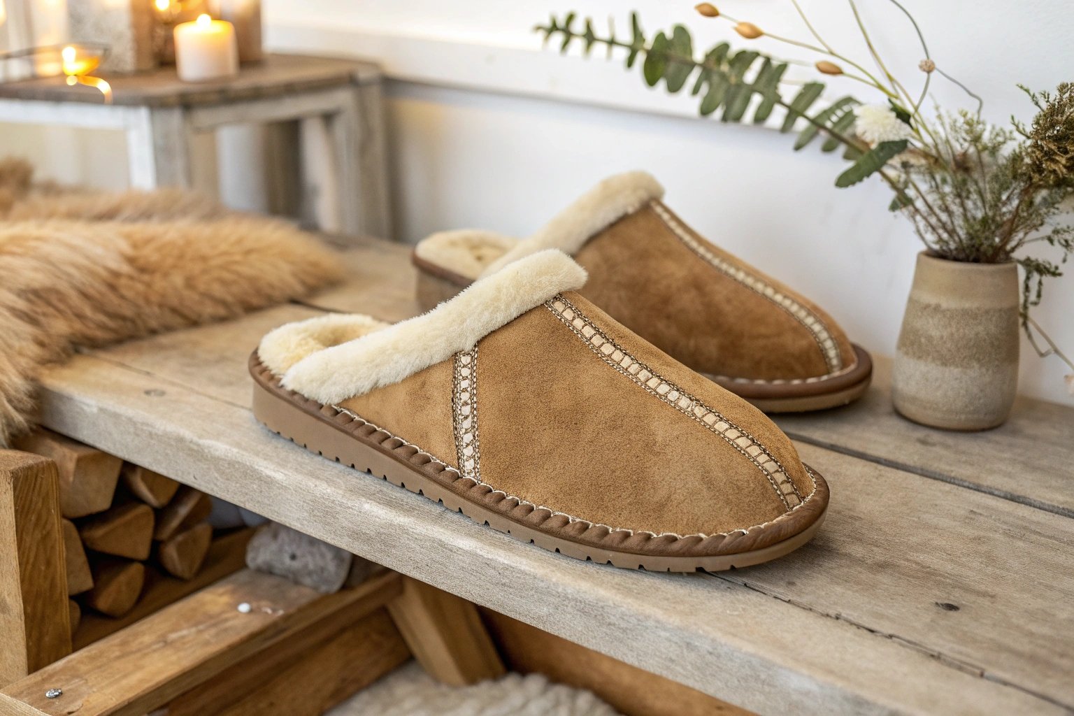 A classic pair of Austraco Sheepskin slippers on a wooden bench, highlighting traditional construction and authentic materials.