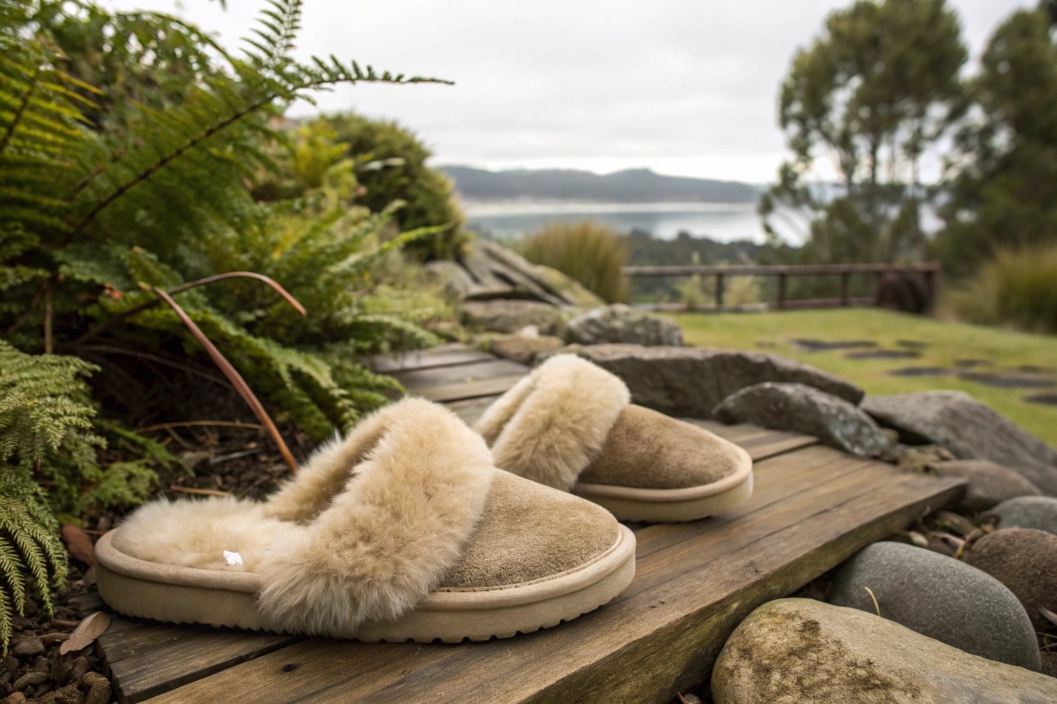Possum Pam slippers made from possum fur and merino wool, surrounded by native New Zealand elements to reflect sustainable luxury.