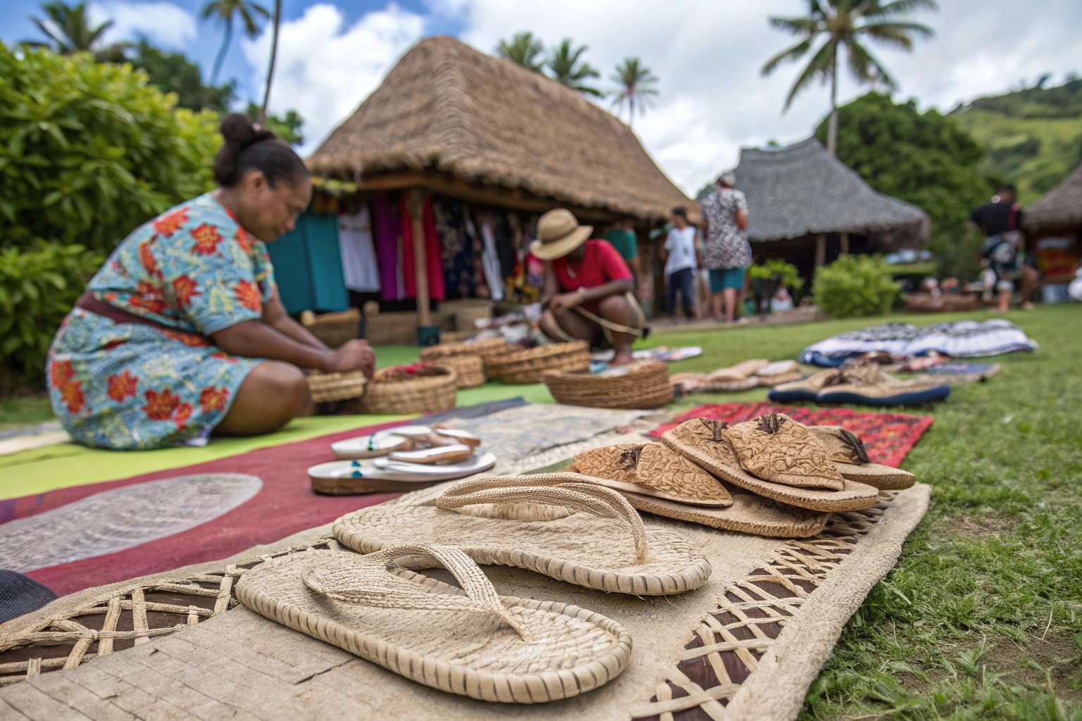 Handmade slippers crafted from traditional Fijian materials displayed on woven mats at a vibrant outdoor craft market, with artisans working in the background."