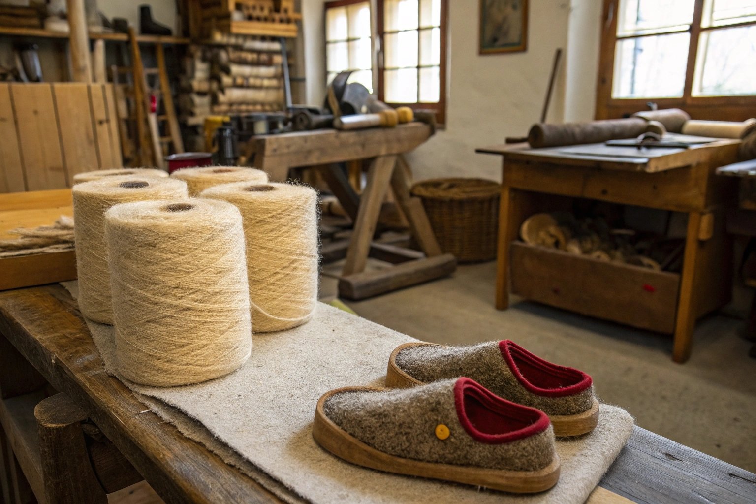 Bundles of Swiss wool next to handcrafted slipper uppers in a workshop, capturing traditional craftsmanship and high-quality local materials."
