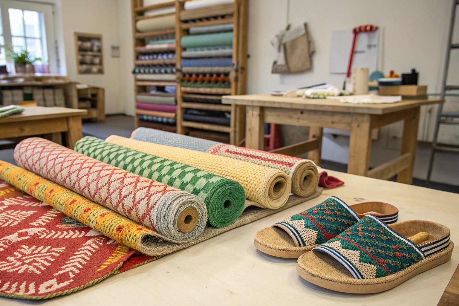 Woven Swedish textiles in a bright studio with rolls of fabric and prototype slippers, suggesting sustainability and craftsmanship."