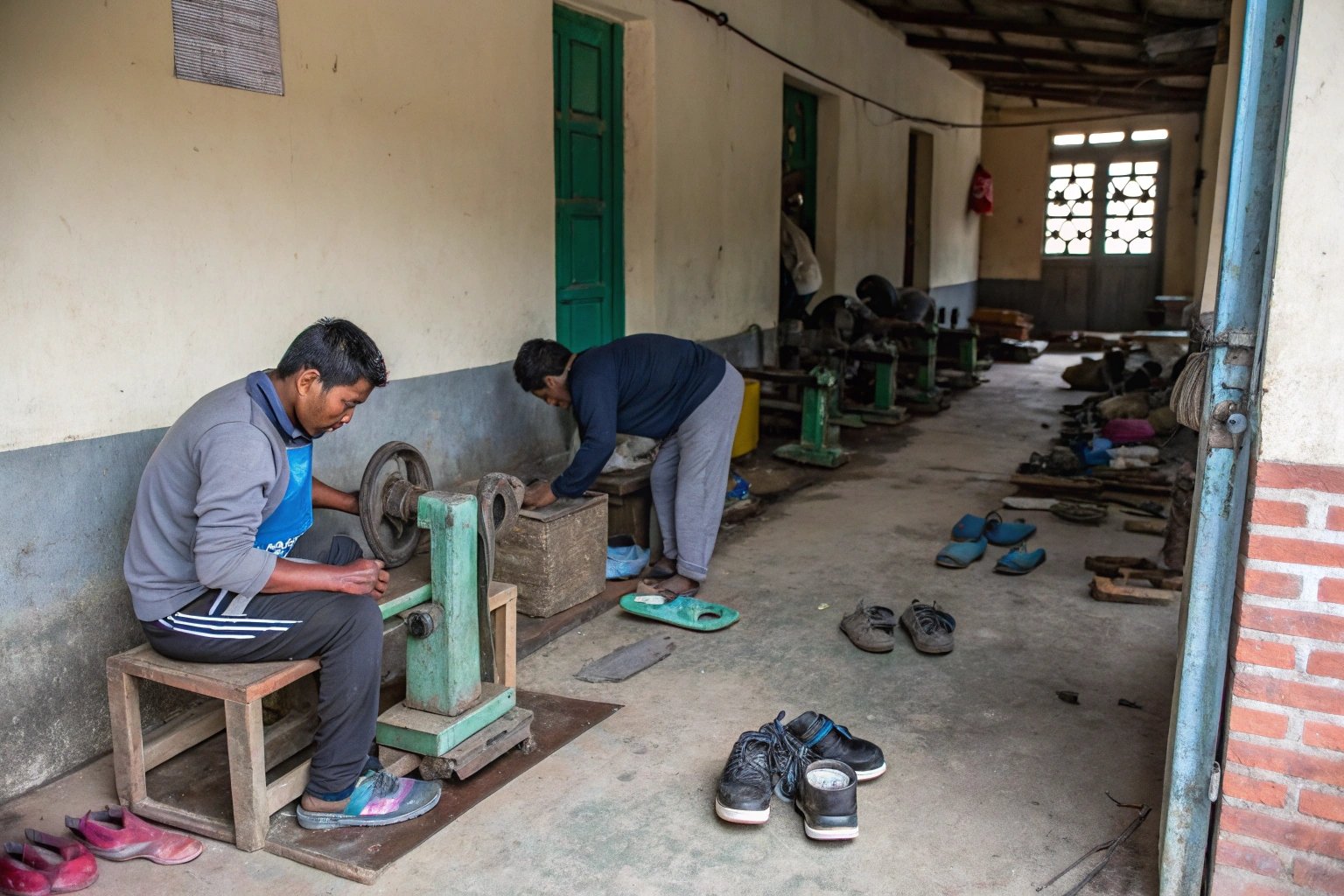 "Small-scale slipper factory in Nepal, reflecting local production methods in urban centers like Kathmandu and Biratnagar."