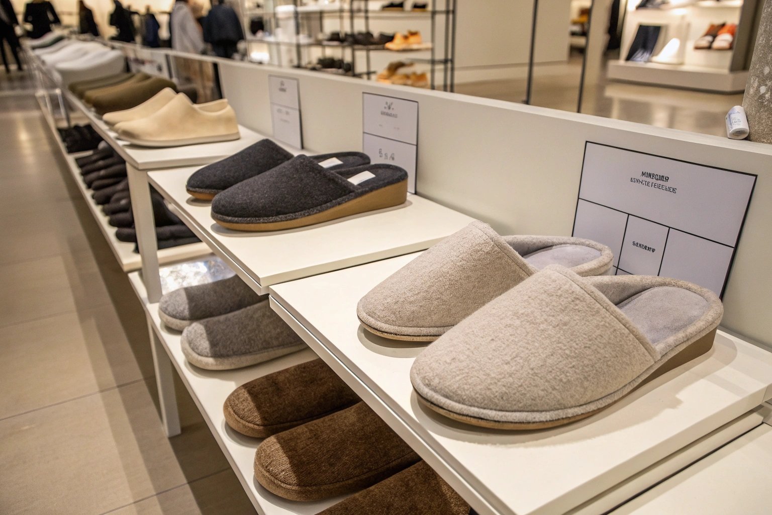 Neatly arranged slippers on minimalist retail shelves in a Finnish department store, showcasing Stockmann’s own brand of stylish indoor footwear.