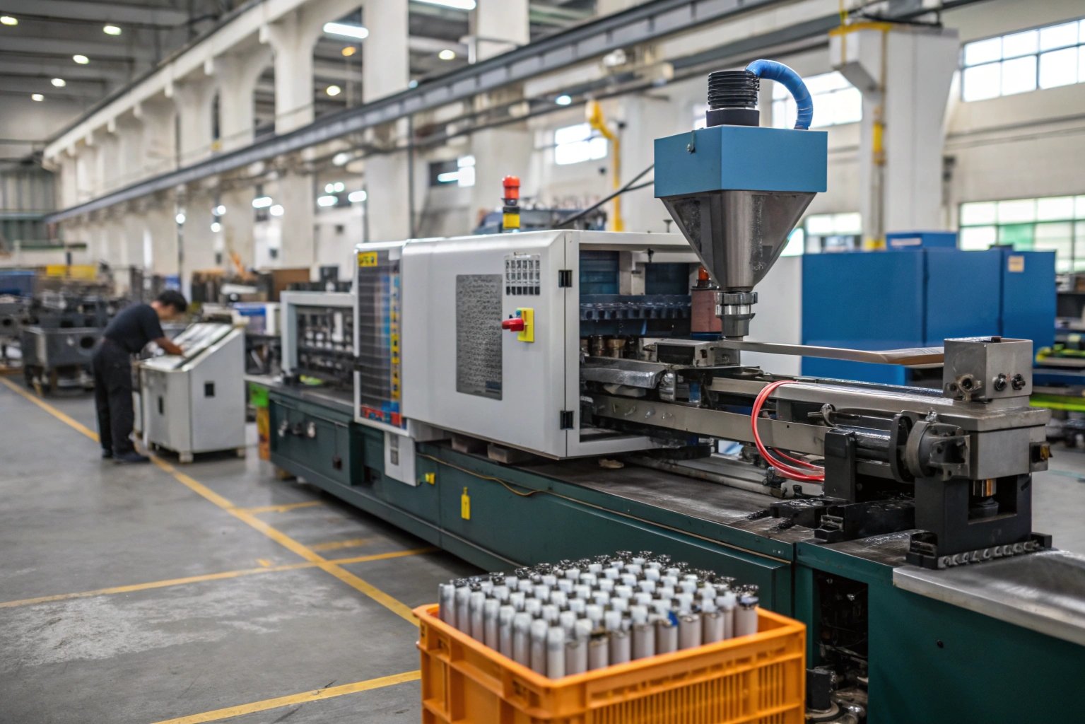 "Injection molding machine producing EVA plastic slippers with one-shot molding process."