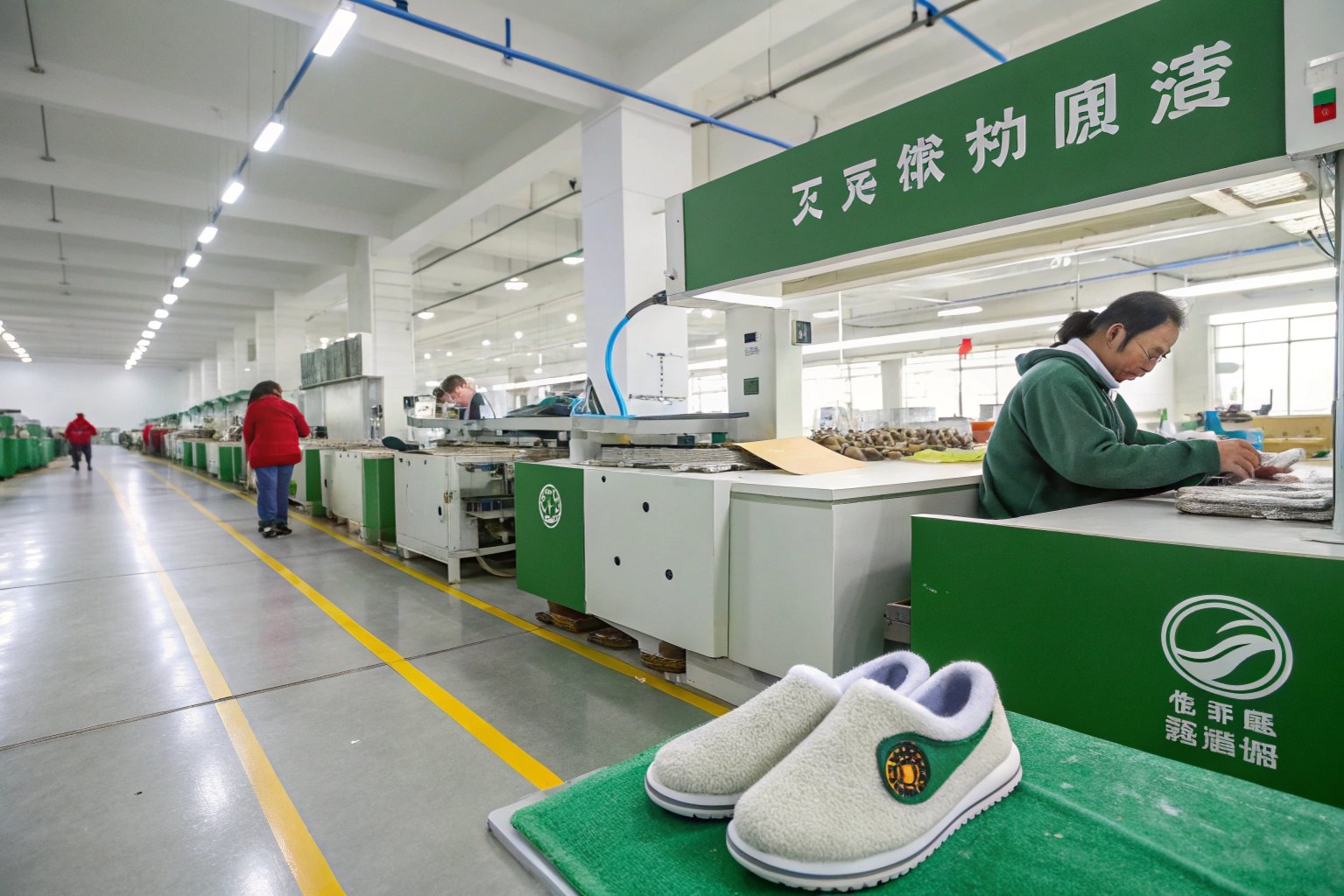 A visual representation of sustainable slipper production, including eco-friendly materials and efficient manufacturing practices.