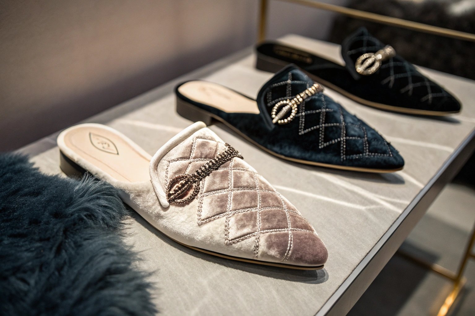 Elegant winter slippers with a pointed toe shape, offering a sleek and fashionable appearance.