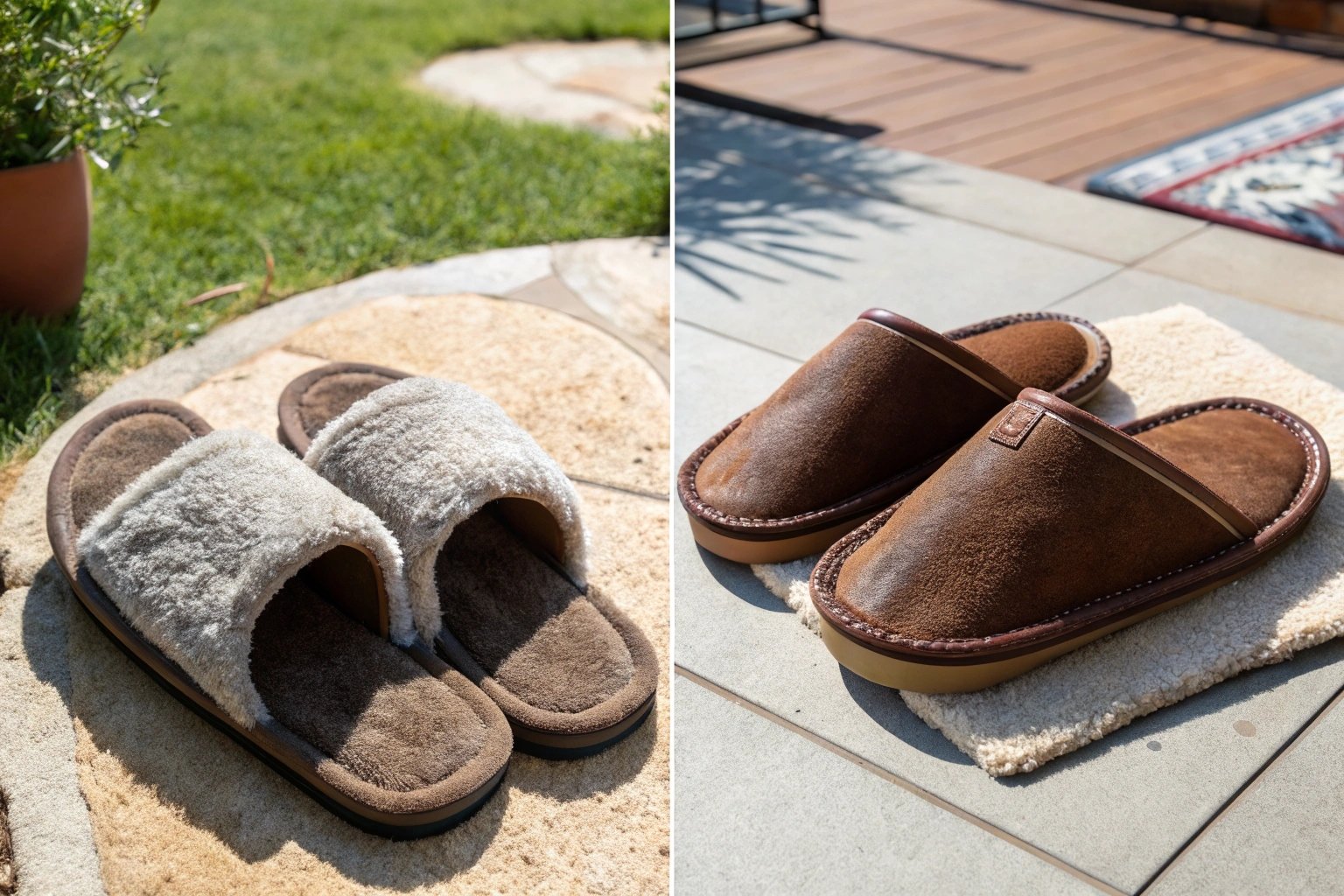 A side-by-side comparison of slippers and chappals placed on different backgrounds. On the left, cozy indoor slippers made of fleece rest on a soft carpet. On the right, open-toed chappals made of leather and rubber are placed on a sunny outdoor patio. The contrast highlights their different purposes and designs.",