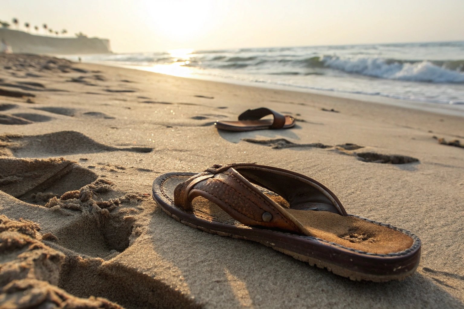 A pair of stylish brown leather slippers abandoned on a sandy beach, sun shining overhead. One slipper slightly buried in sand, showing signs of moisture and wear. Background includes waves and footprints, evoking a cautionary mood. Warm lighting, realistic details to emphasize leather not ideal for the beach
