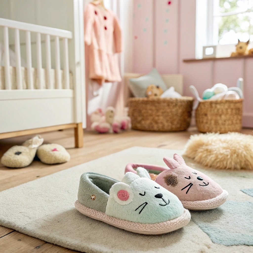 Living Kitzbühel children's wool slippers with cute animal designs placed in a child's room