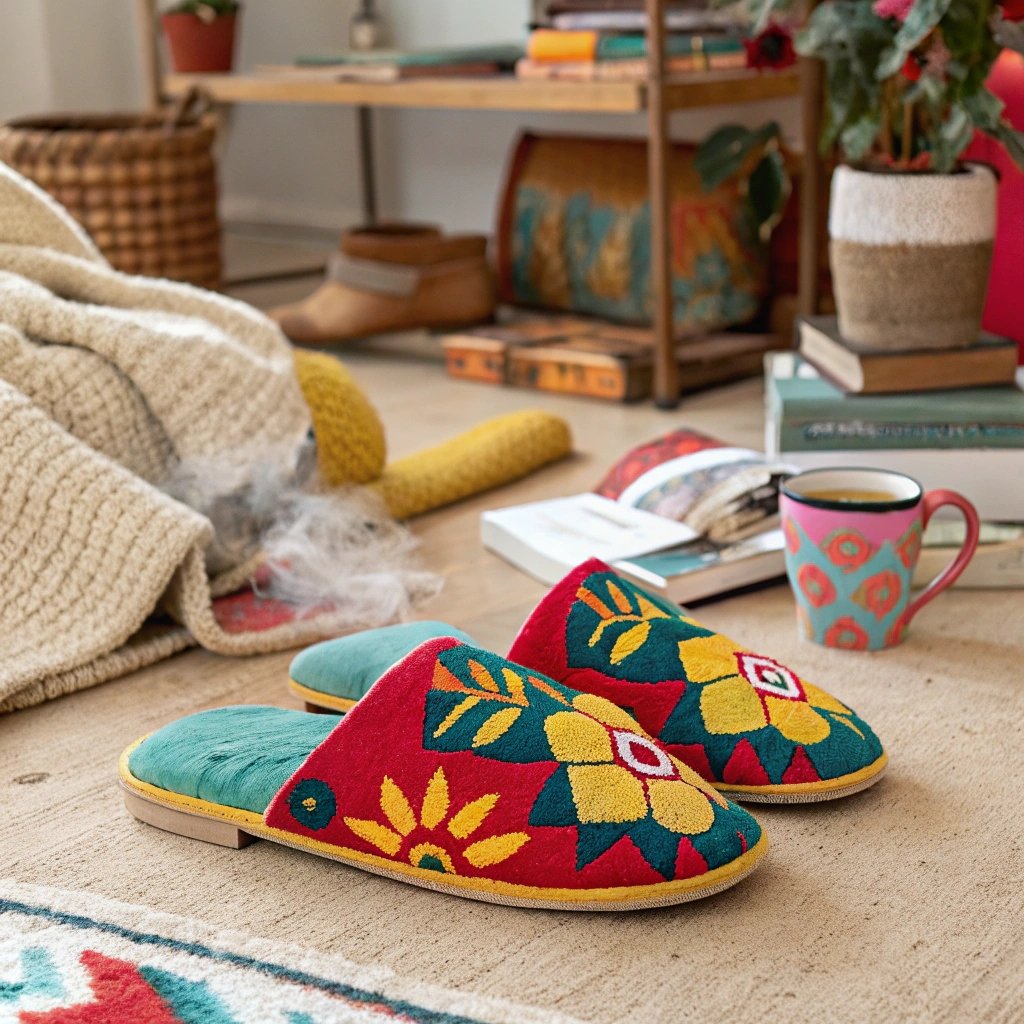 Colorful house slippers by Berthe aux Grands Pieds with unique patterns, placed in a cozy interior