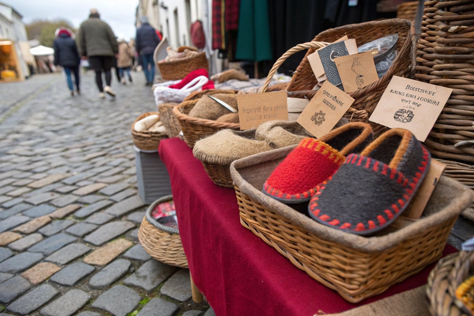 A collection of handcrafted slippers at a Belgian market stall, featuring traditional materials and artisan details, set against a cobbled backdrop.