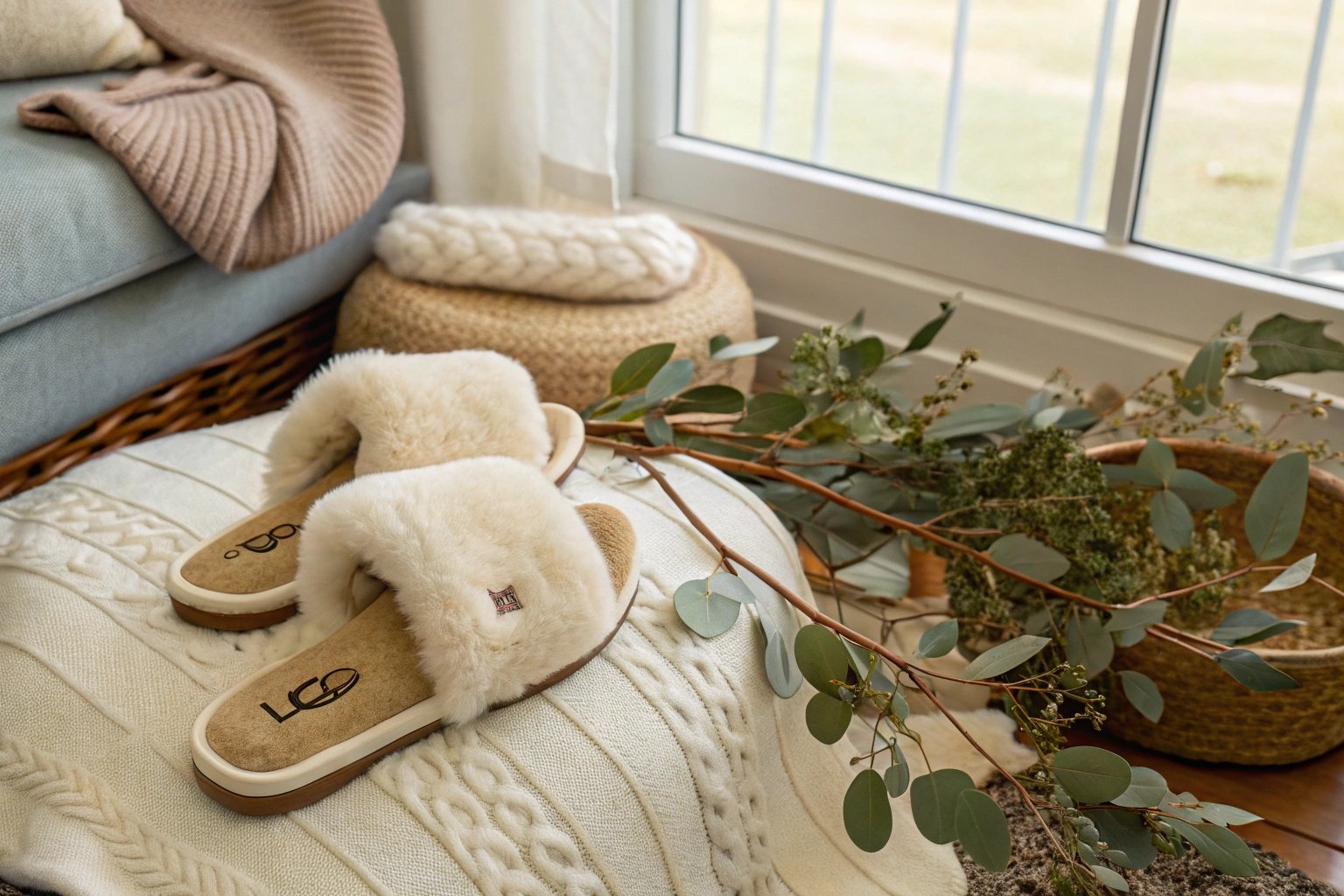 Shearers UGG slippers in a soft, cozy nook decorated with Australian wool and native plants, evoking local craftsmanship and comfort.