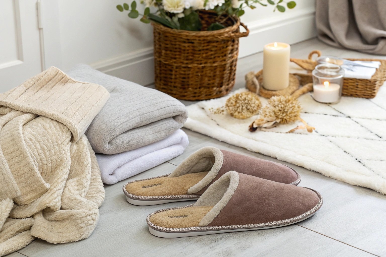 Skinnys brand slippers in a casual, relaxed home setting, styled with everyday comfort in mind.
