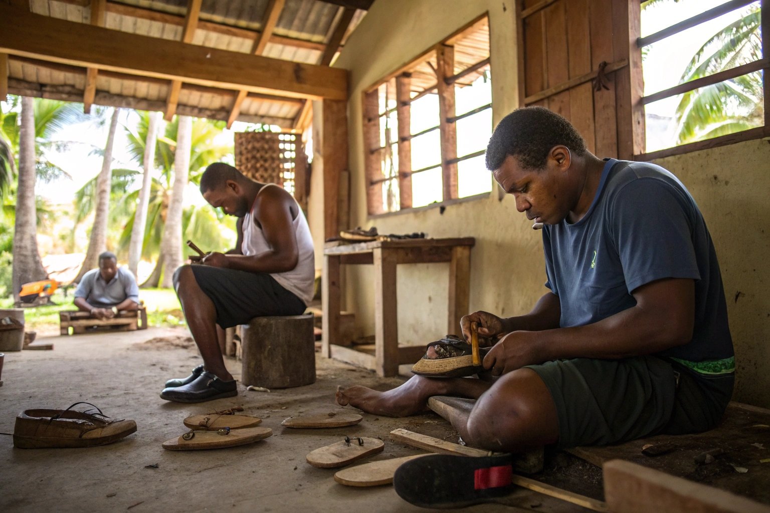 "A small slipper workshop in Fiji showing artisans making slippers by hand using local materials, surrounded by tropical light and rustic tools."